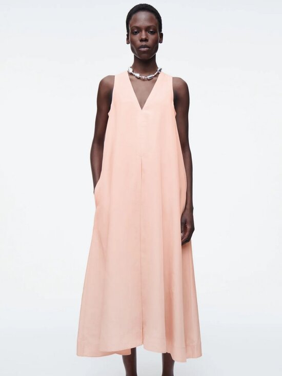 cos linen orange dress COS The V-Neck Linen Maxi Dress
